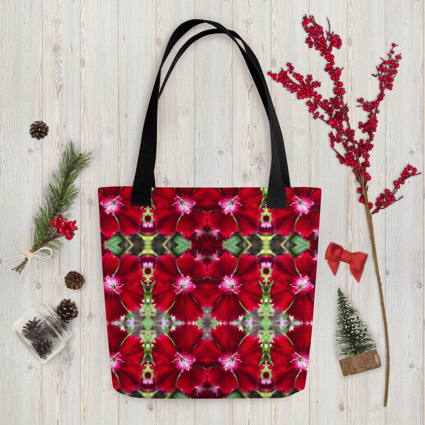 Tote bag with "floral lace crimson" dianthus flowers