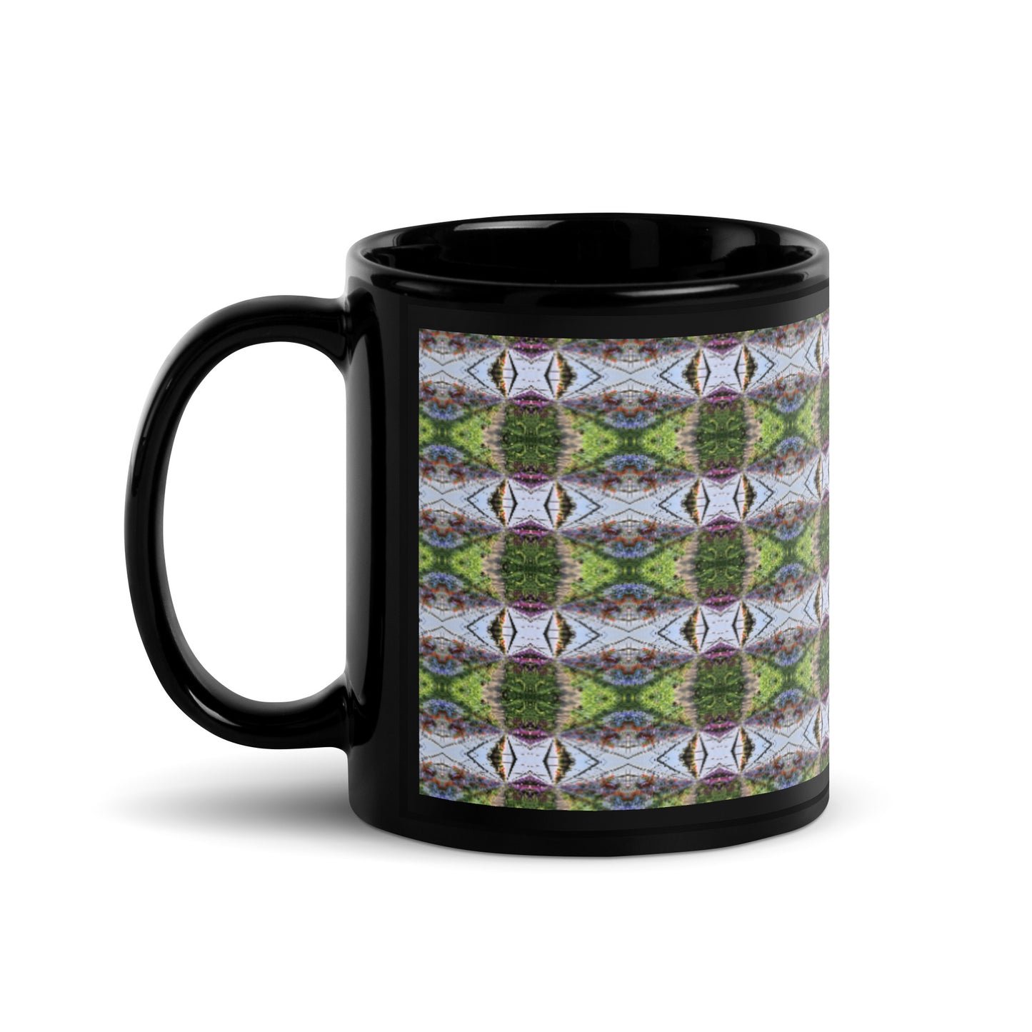 Black Glossy Mug with psychedelic greenhouse pattern