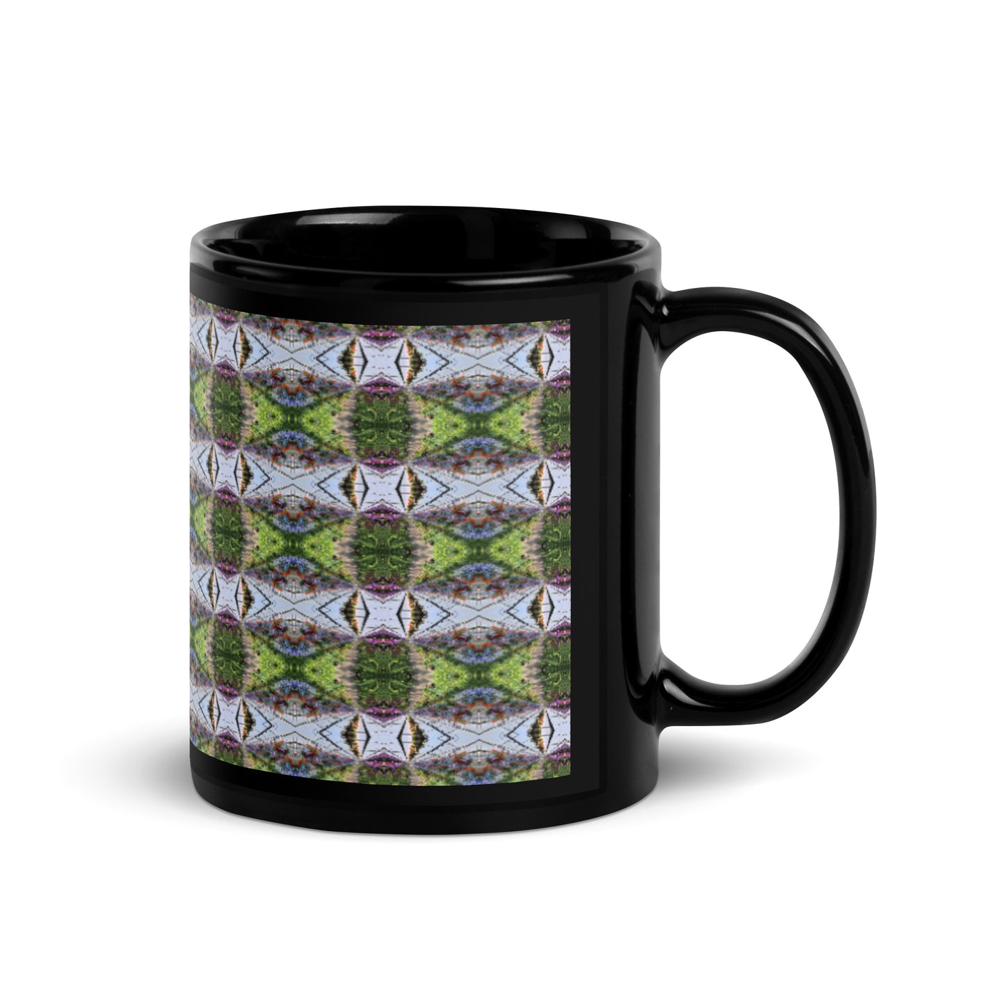 Black Glossy Mug with psychedelic greenhouse pattern