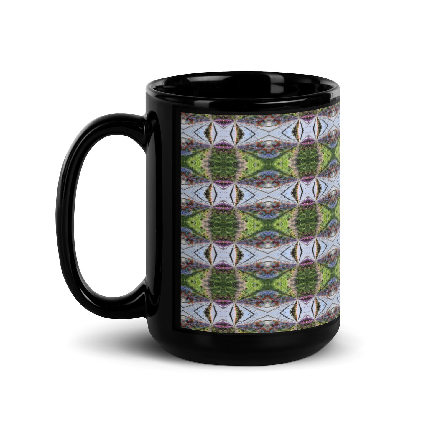 Black Glossy Mug with psychedelic greenhouse pattern