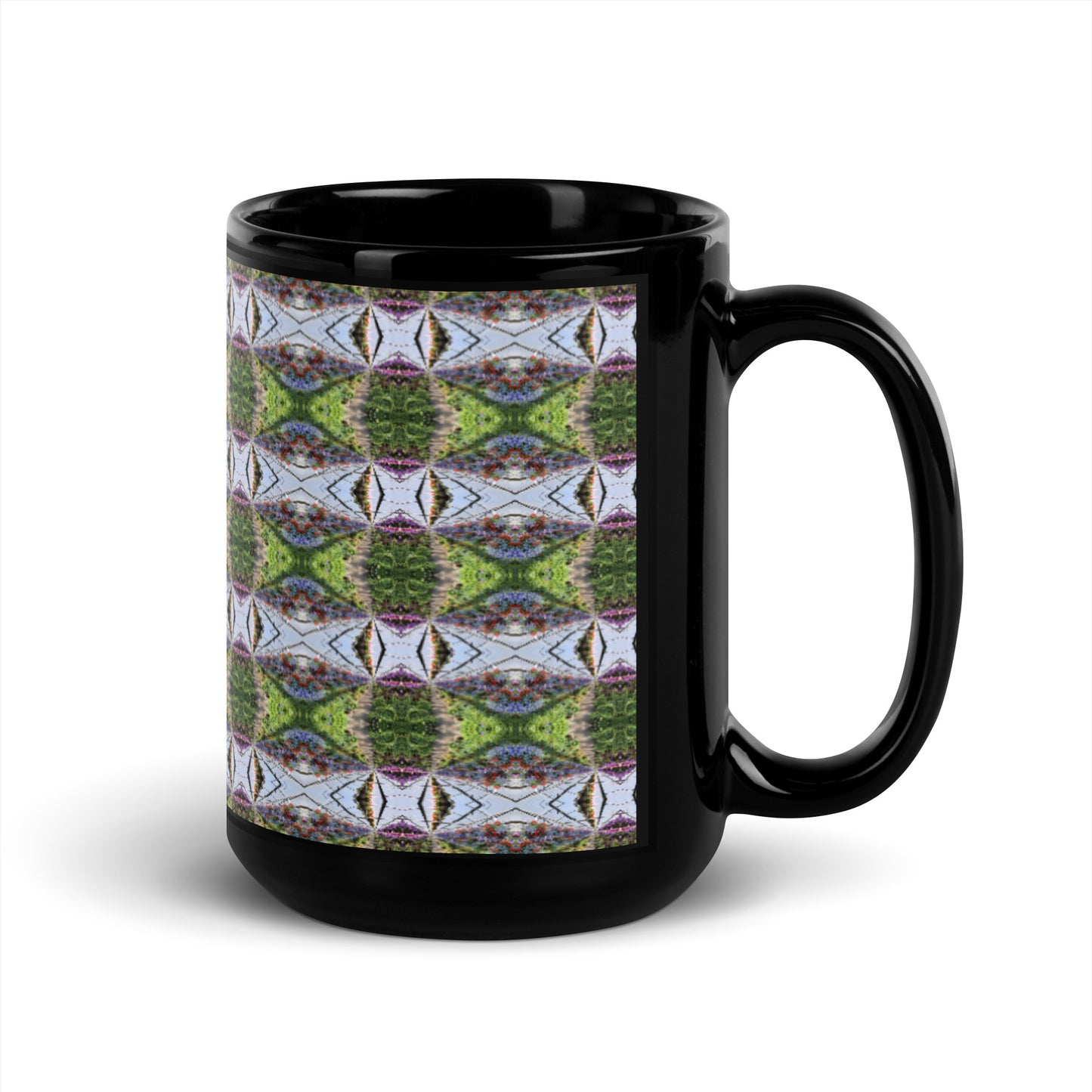 Black Glossy Mug with psychedelic greenhouse pattern